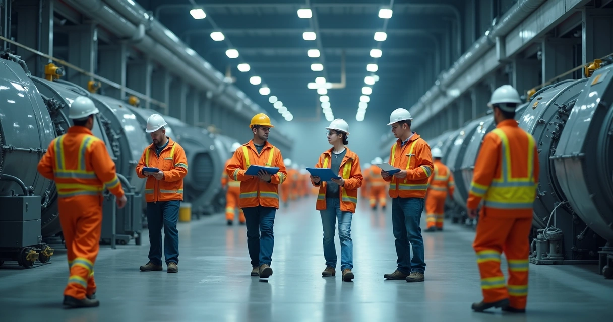 Equipes realizando inspeção de segurança em ambiente industrial. 