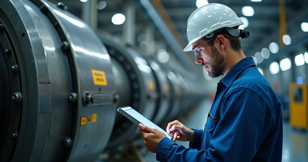 Funcionário realiza inspeção de segurança em fábrica industrial com capacete e uniforme