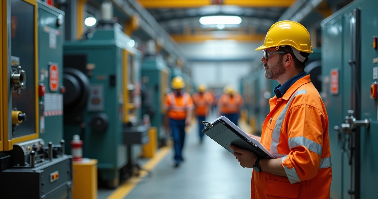 Engenheiro inspecionando máquina industrial com prancheta e EPI 