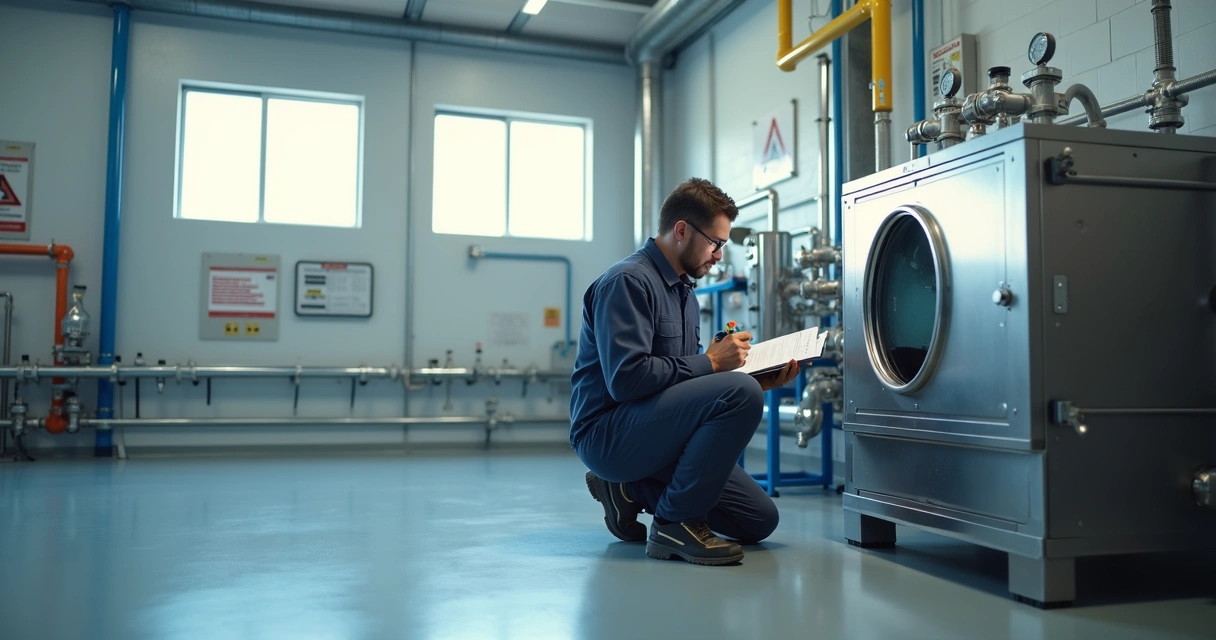Técnico inspecionando separador de água e óleo industrial em sala técnica limpa 