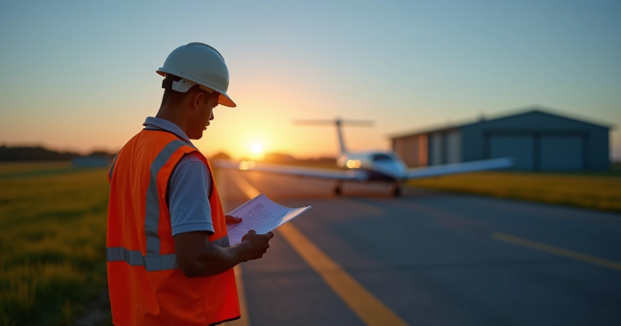 Técnico verificando luzes de pista privada durante inspeção