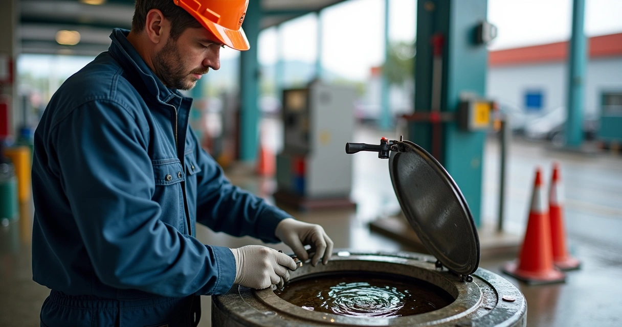 Técnico inspecionando sistema de separação de água e óleo