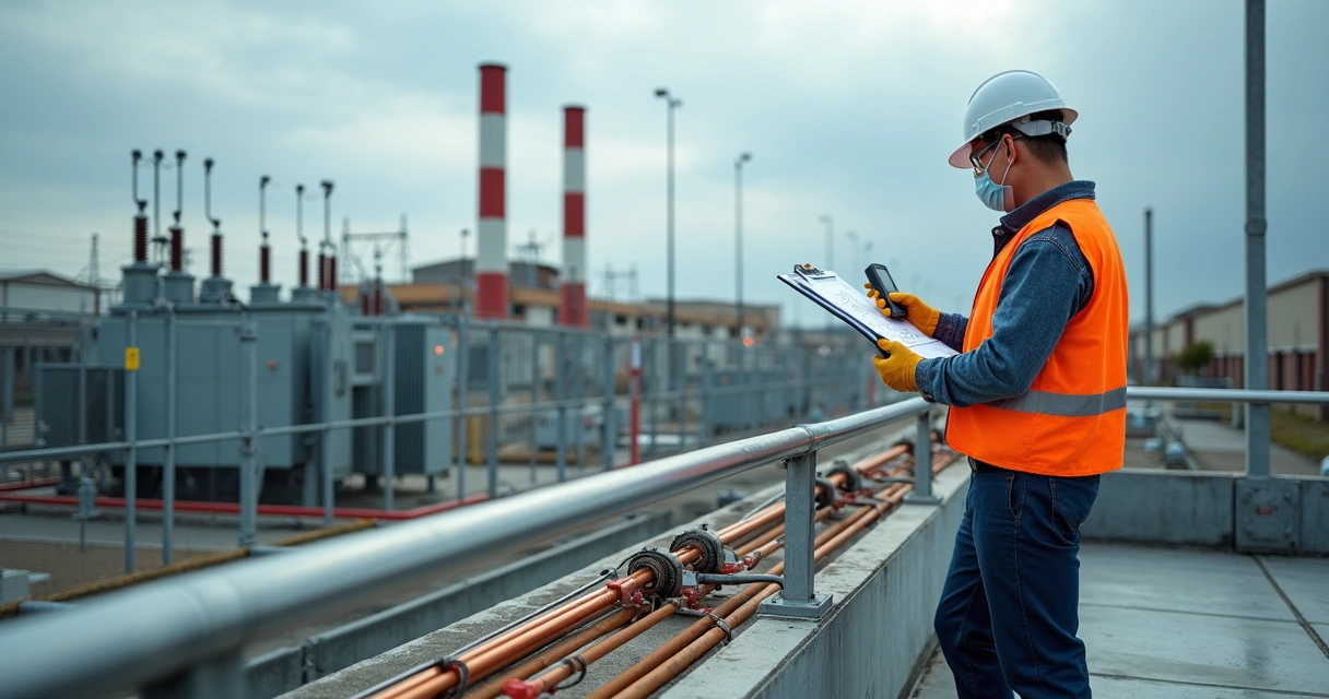 Engenheiro inspecionando sistema de SPDA em subestação industrial 
