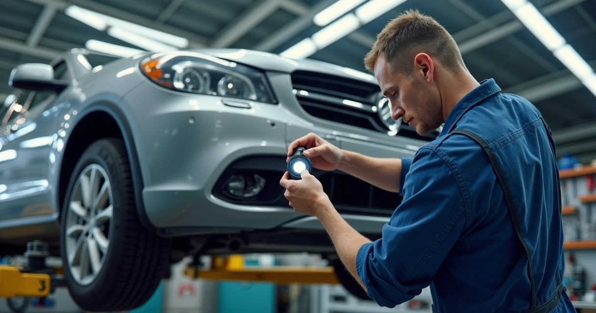Mecânico inspeciona a suspensão dianteira de um carro em uma oficina 