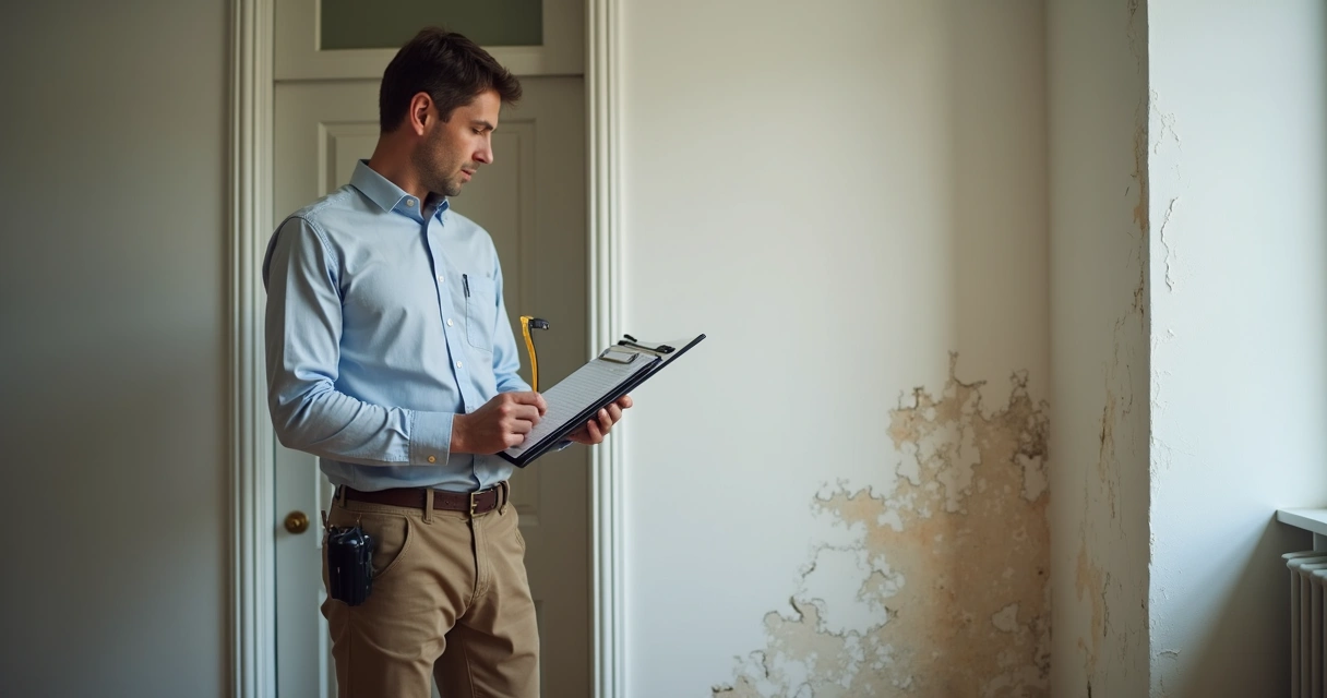 Perito observando infiltração e anotando dados em apartamento 