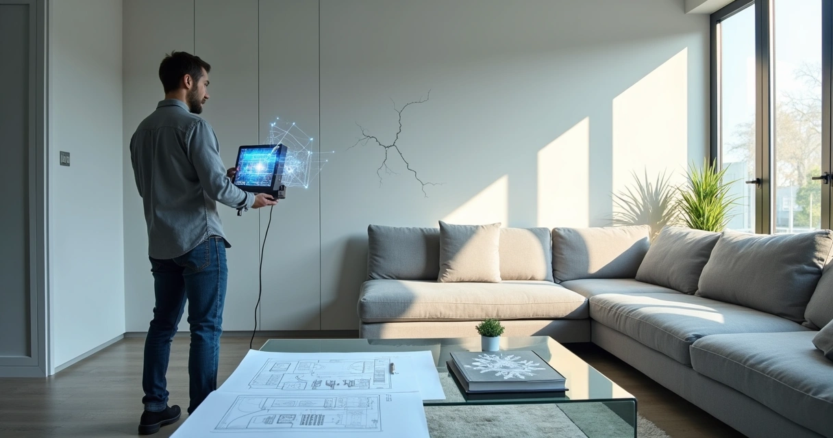 Engenheiro utilizando scanner 3D em uma sala para avaliar imóvel 