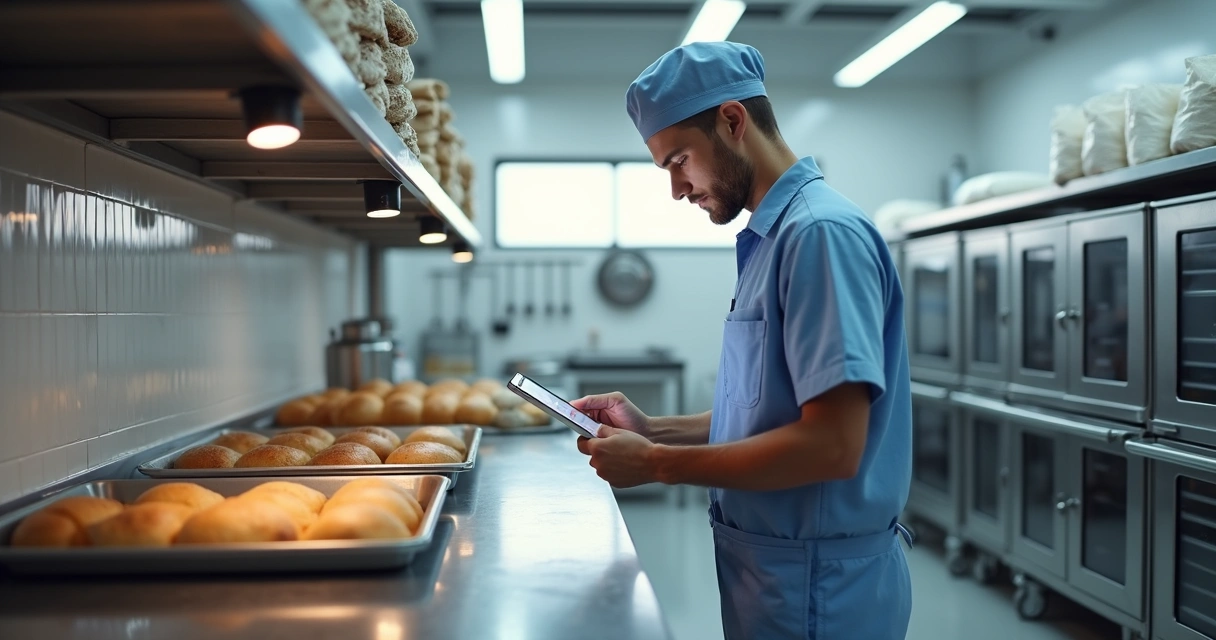 Técnico inspecionando área de produção de padaria com pão na bancada 