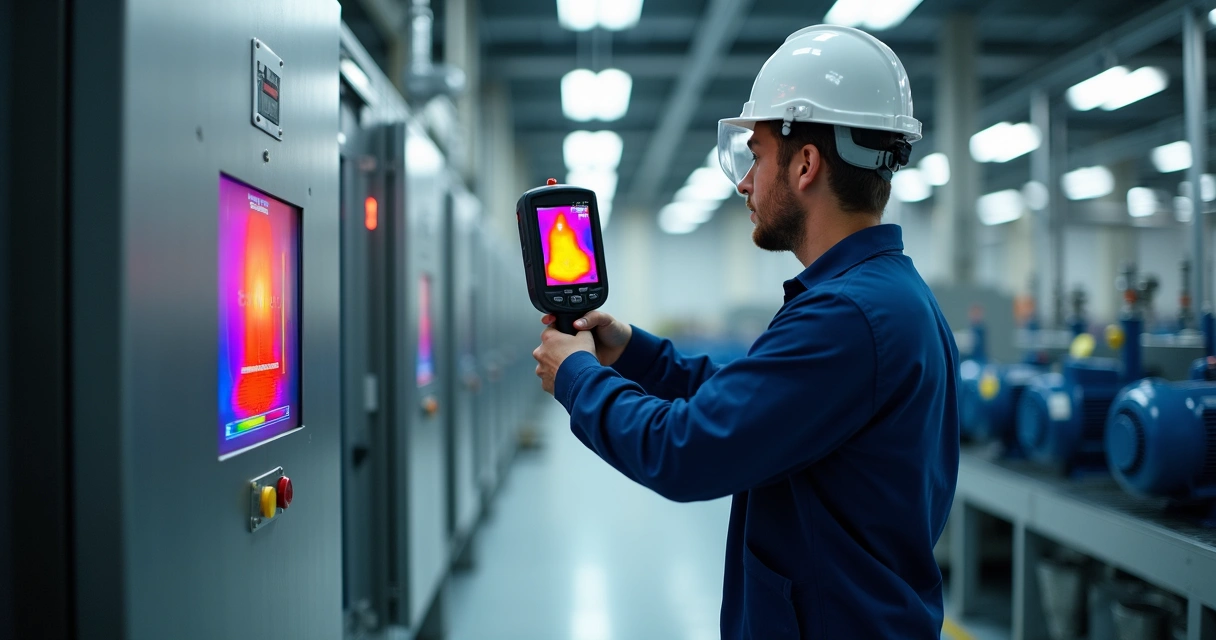Técnico realizando termografia em painel e motor industrial 