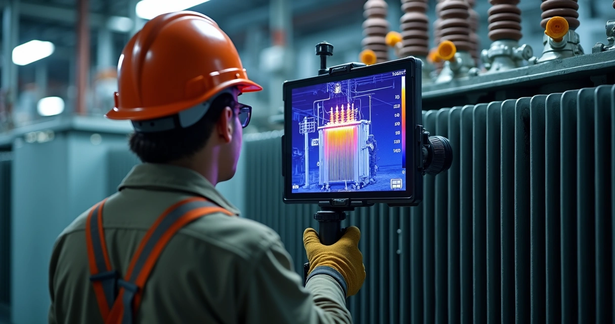 Técnico examinando transformador com câmera termográfica 