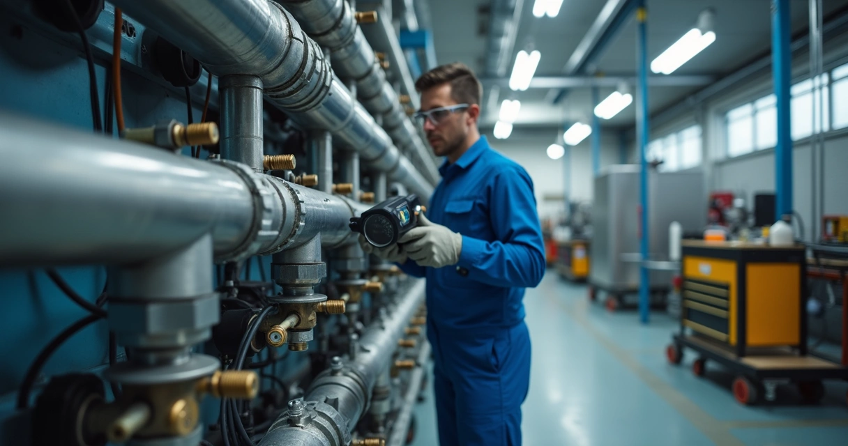 Técnico inspecionando conexões de ar comprimido com detector ultrassônico