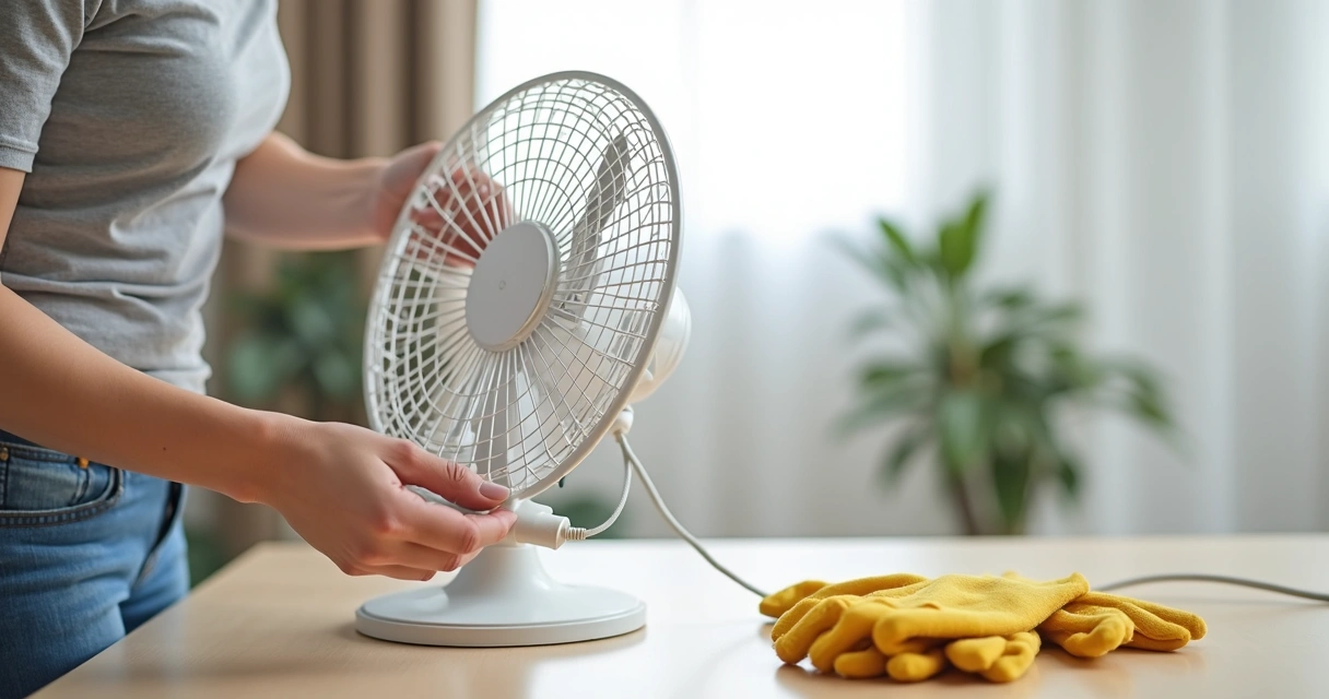 Pessoa segurando um ventilador de mesa, inspecionando o fio de alimentação. 