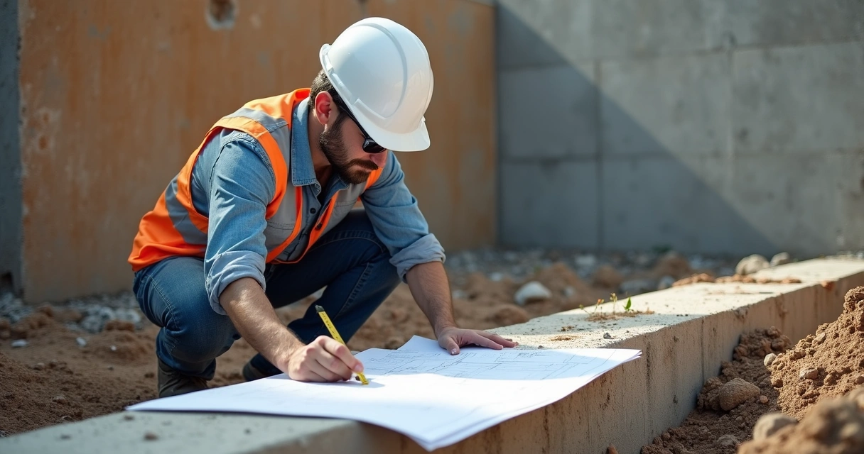 Engenheiro avaliando viga baldrame exposta na construção 