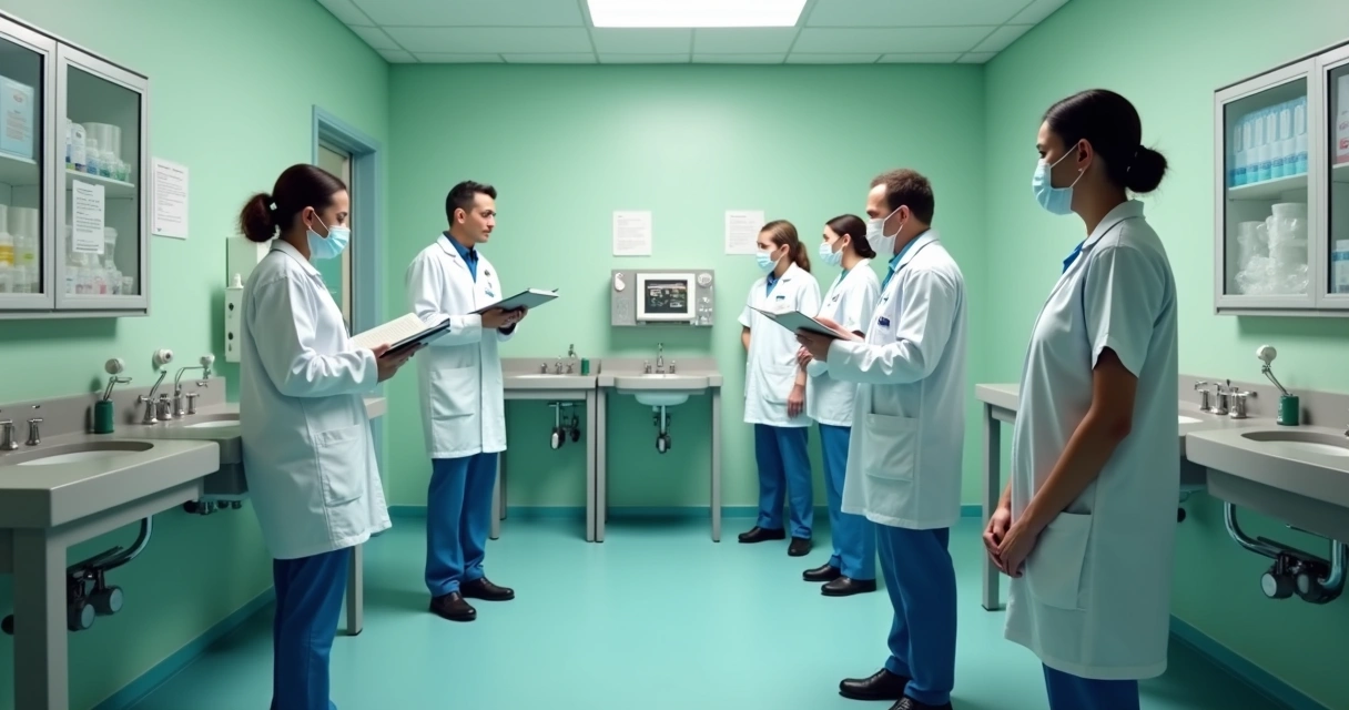 Inspeção de vigilância sanitária em hospital com equipe analisando instalações. 