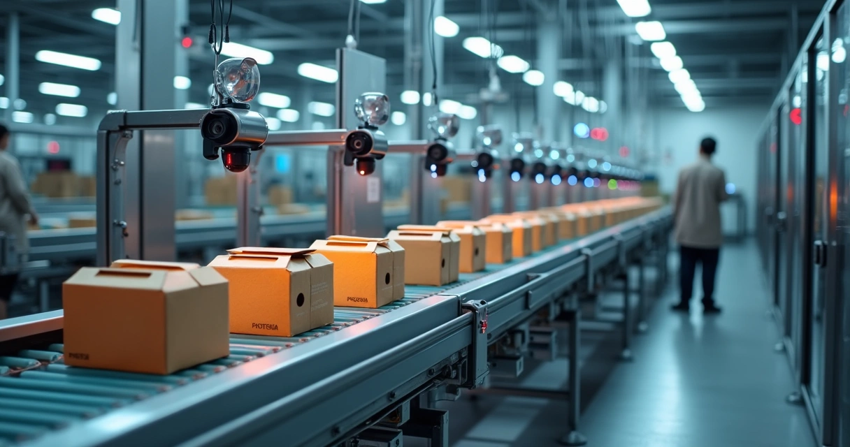 Câmeras inspecionando embalagens em linha de produção 