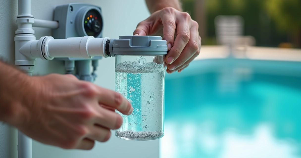 Technician inspecting clear salt cell on pool chlorinator pipe 