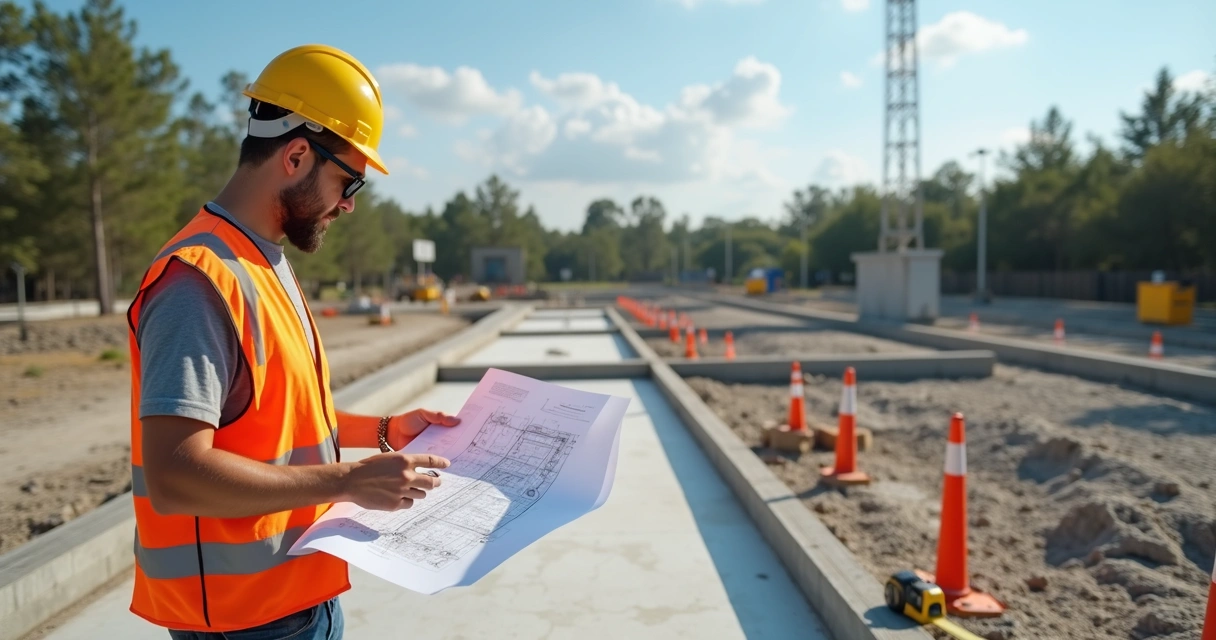 Building inspector reviewing plans on site