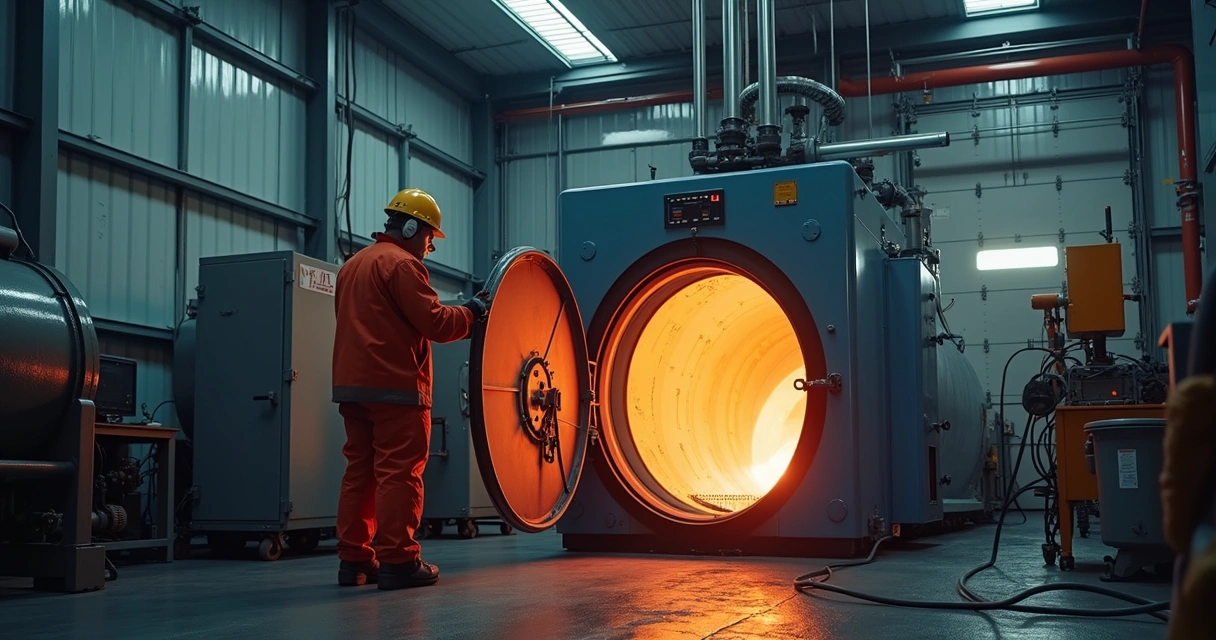 Inspetor observando caldeira industrial com painel de controle digital 