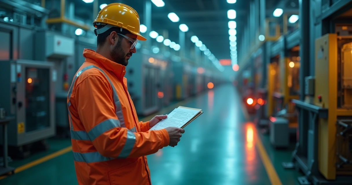 Inspetor de segurança anotando checklist em prancheta na área fabril 