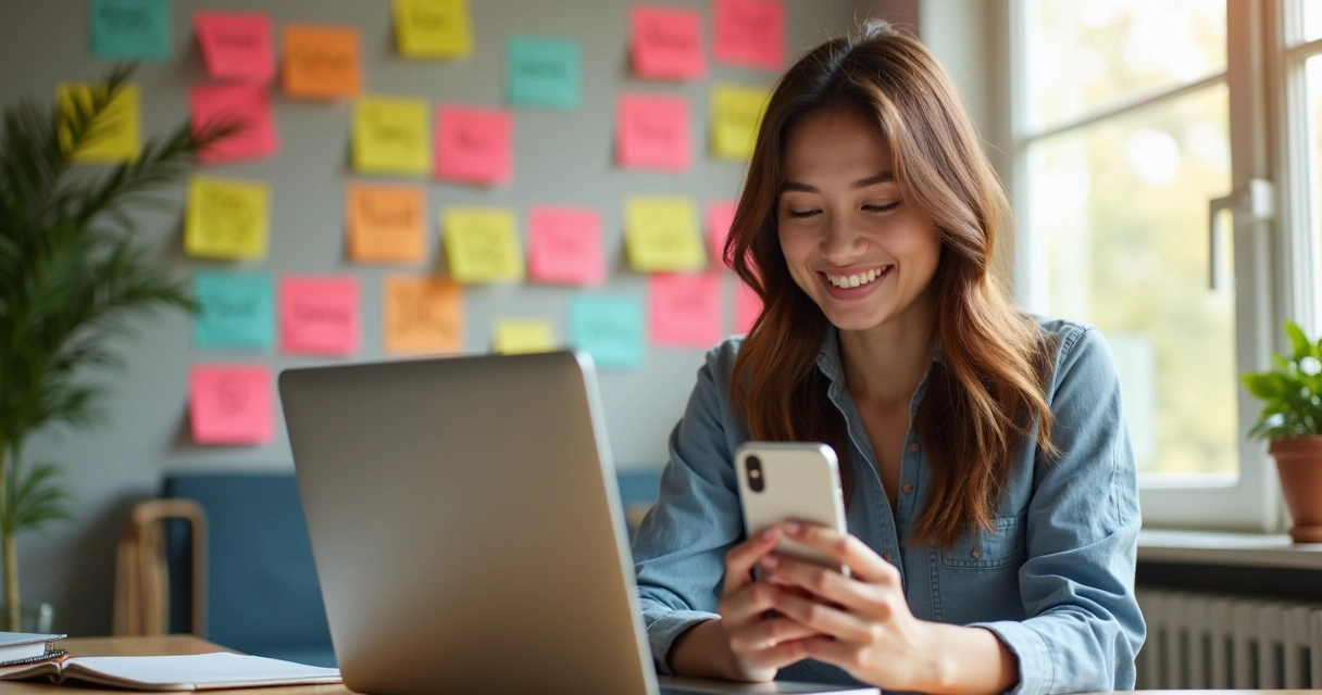 Pessoa sorrindo com celular na mão analisando ideias para post de Instagram 