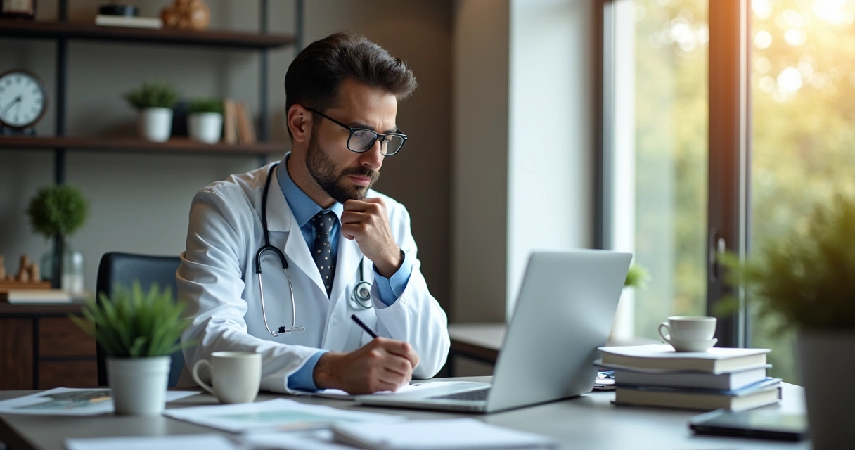 Médico refletindo e escrevendo ideias para conteúdo digital na mesa de trabalho 