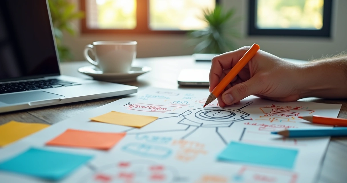 Ideias de posts e inspirações sendo organizadas por pessoa criativa 