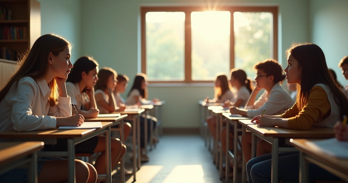 Estudantes refletindo em ambiente escolar tranquilo 