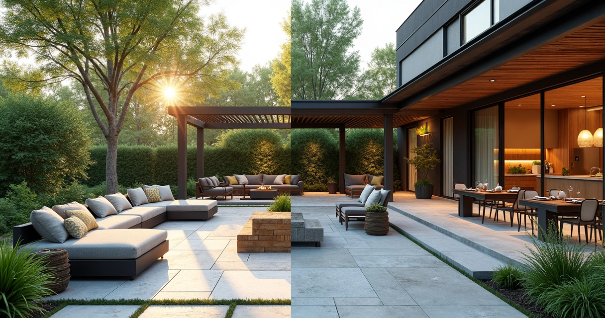 Collage of garden inspiration images transforming into a realistic 3D backyard model