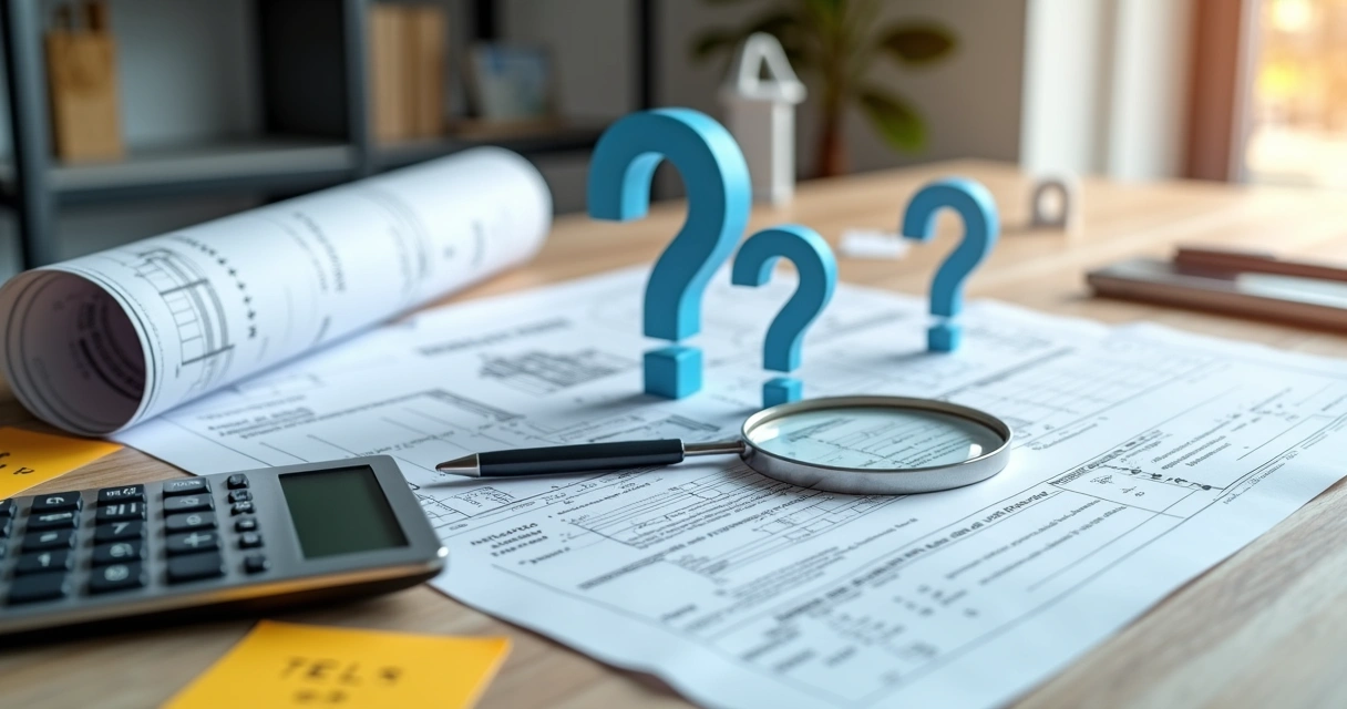 Mesa com projetos de obra, ícones de dúvida e documentos de INSS analisados com lupa 
