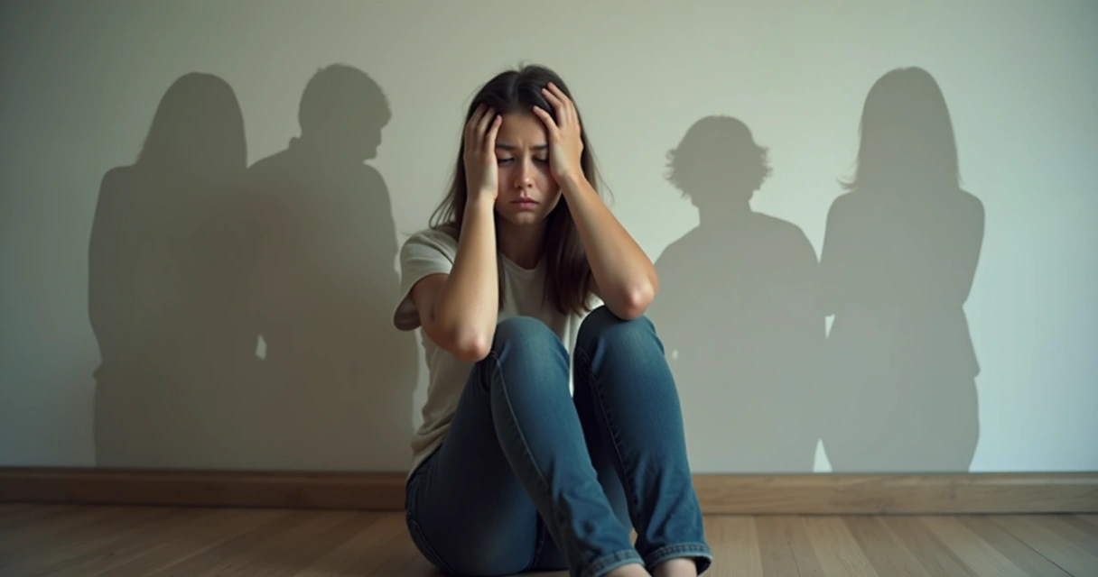 Pessoa sentada no chão, mãos na cabeça, expressão confusa, várias sombras projetando emoções atrás 
