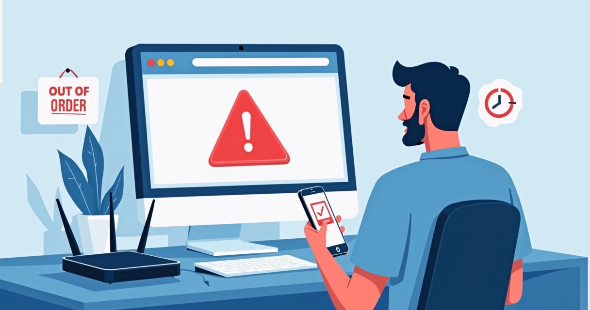 Loja virtual fora do ar com símbolo de erro e cliente esperando 