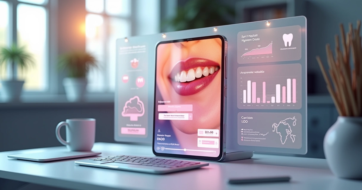 Painel com anúncios de clínica odontológica no Instagram sendo desenhados com dentes e gráficos de desempenho 