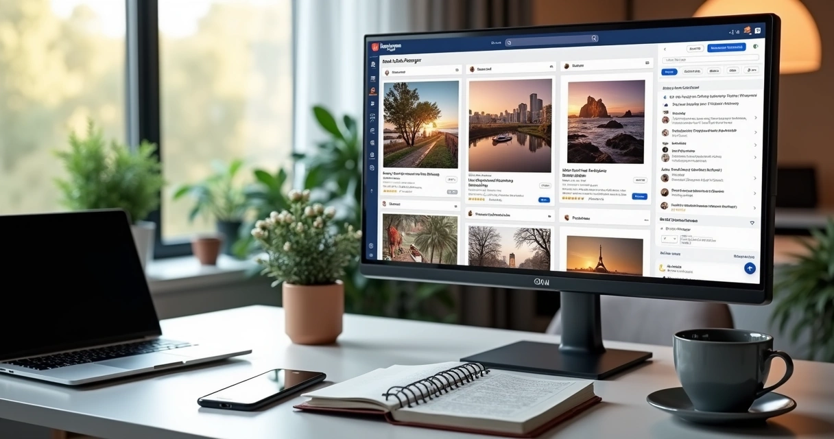 Workspace showing monitor with Instagram ad designs and Meta Ads Manager dashboard on screen 