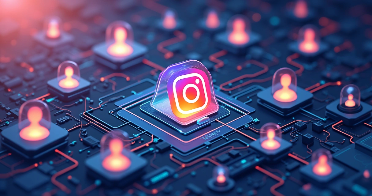 Representação do algoritmo do Instagram analisando perfis e interações 