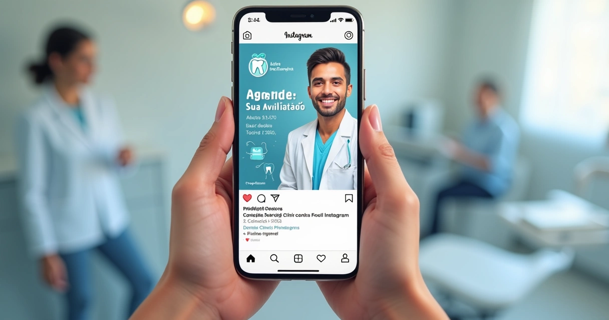 Anúncio de clínica odontológica sendo exibido no feed do Instagram de um smartphone.