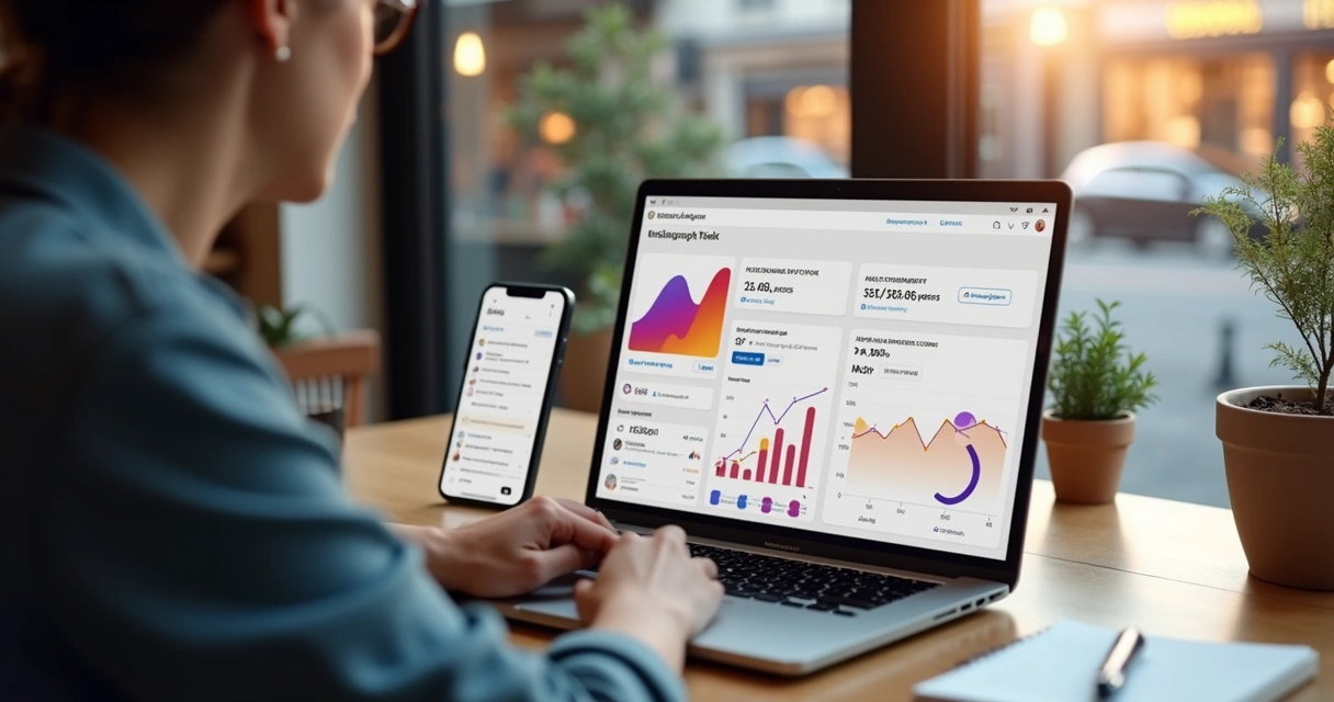 Empresário gerenciando anúncios de Instagram para negócio local no notebook 