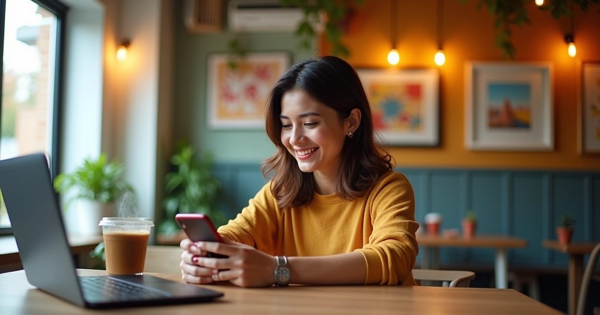 Pessoa revisando postagens no Instagram em um café moderno, com café e laptop ao fundo.