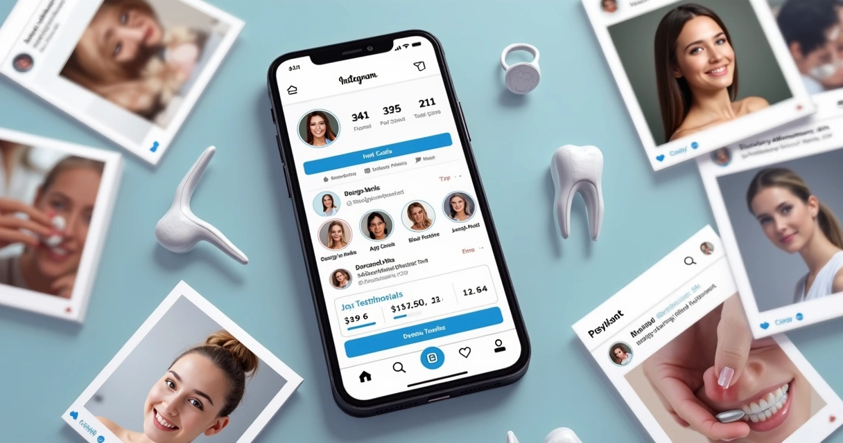 Página de Instagram de dentista com posts de procedimentos estéticos e gráficos de engajamento 
