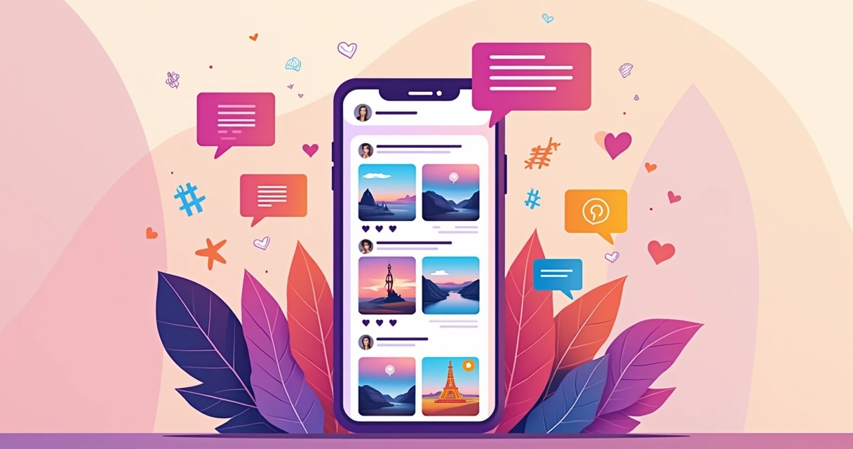 Ilustração de cena do Instagram com smartphone, posts coloridos, interações e ícones de engajamento