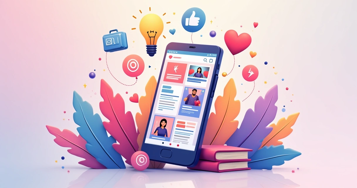 Feed do Instagram com elementos educativos, de entretenimento e inspiração, em um cenário colorido.