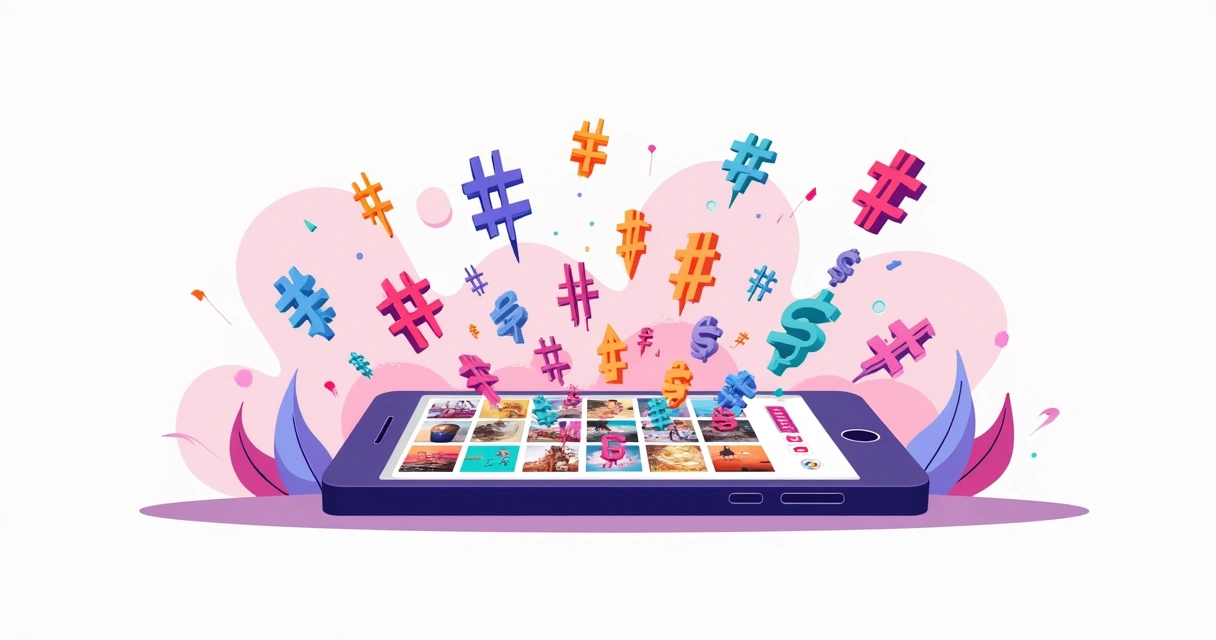 Tela de smartphone com feed do Instagram, hashtags coloridas, e contagem de seguidores subindo.