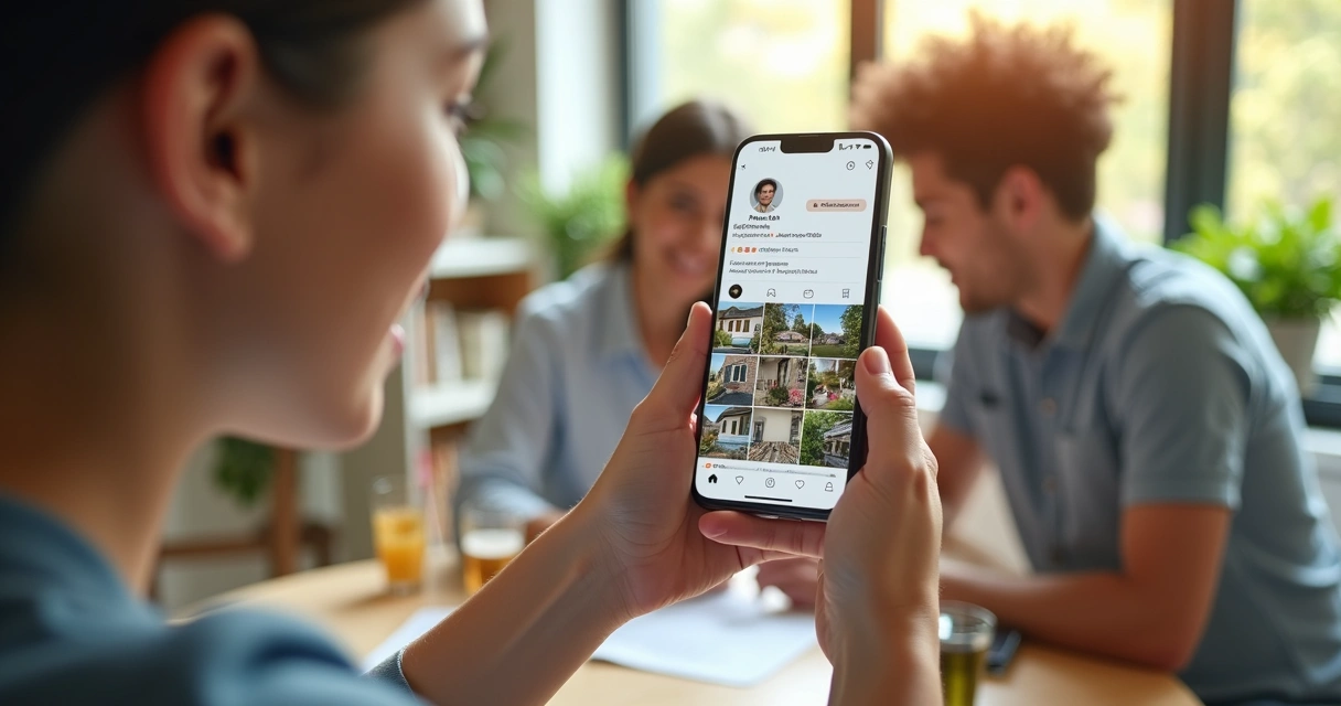 Feed de Instagram de corretor de imóveis com fotos de imóveis e interações 