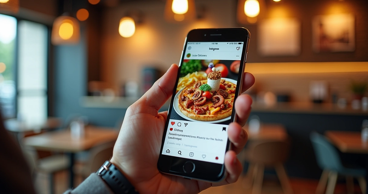 Pessoa segurando celular exibindo story do Instagram com link da loja de delivery destacado no topo da tela 