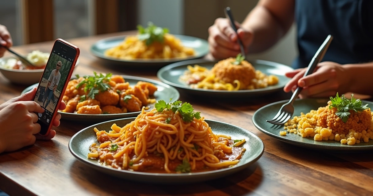 Mesa com pratos coloridos de restaurante ao lado de smartphone mostrando perfil de restaurante no Instagram 