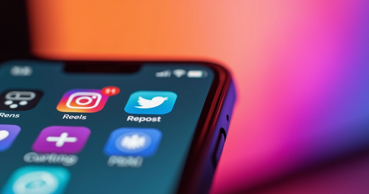 Tela de smartphone exibindo novas funcionalidades do Instagram com ícones de Reels, repost e marcação por IA em interface moderna e colorida 