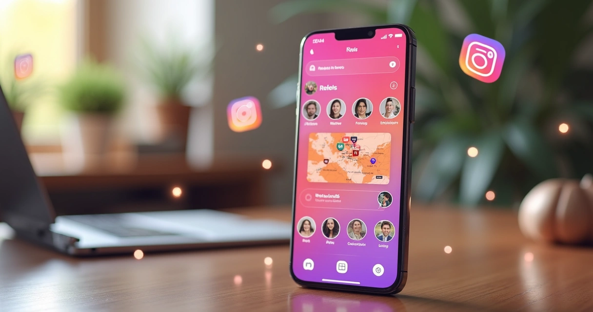 Tela de smartphone mostrando nova interface do Instagram com repost de Reels, mapa de amigos e limite em lives em destaque 