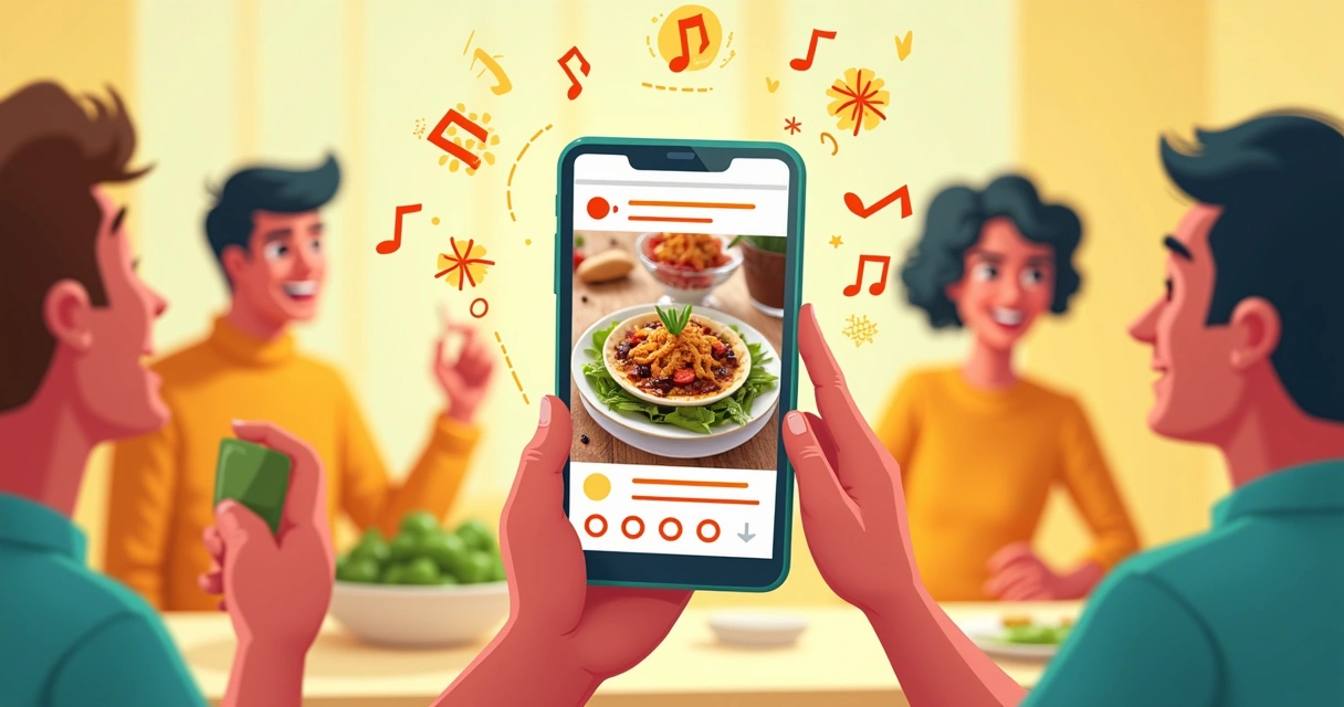 Ilustração de um smartphone com um vídeo de receita colorido, cercado por notas musicais e dicas animadas.