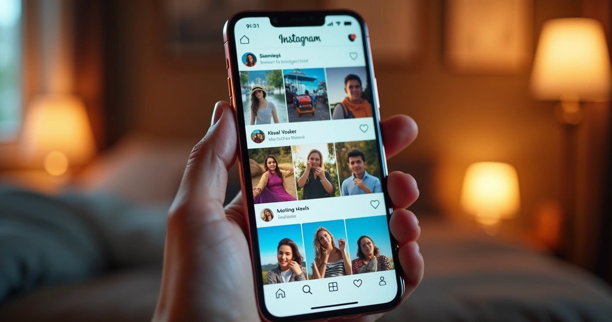 Celular com tela mostrando stories e reels do Instagram 