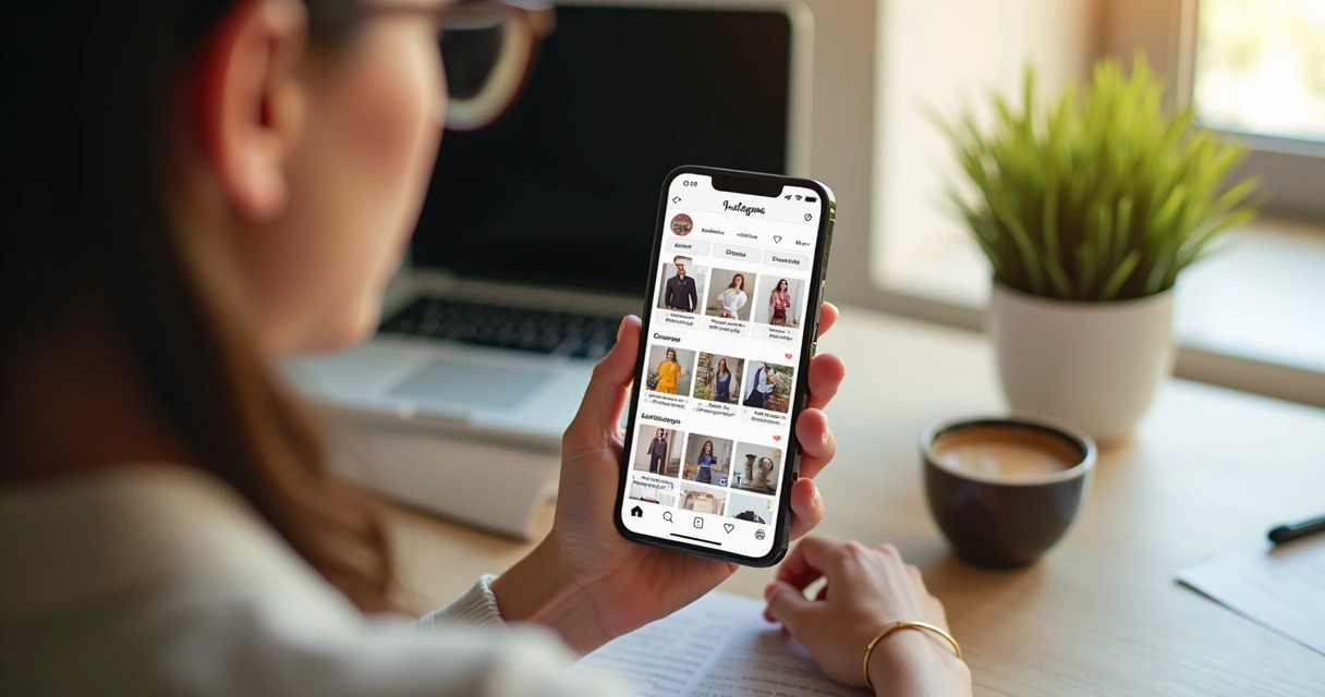 Tela de smartphone exibindo a interface do Instagram Shopping com produtos e botão de compra 