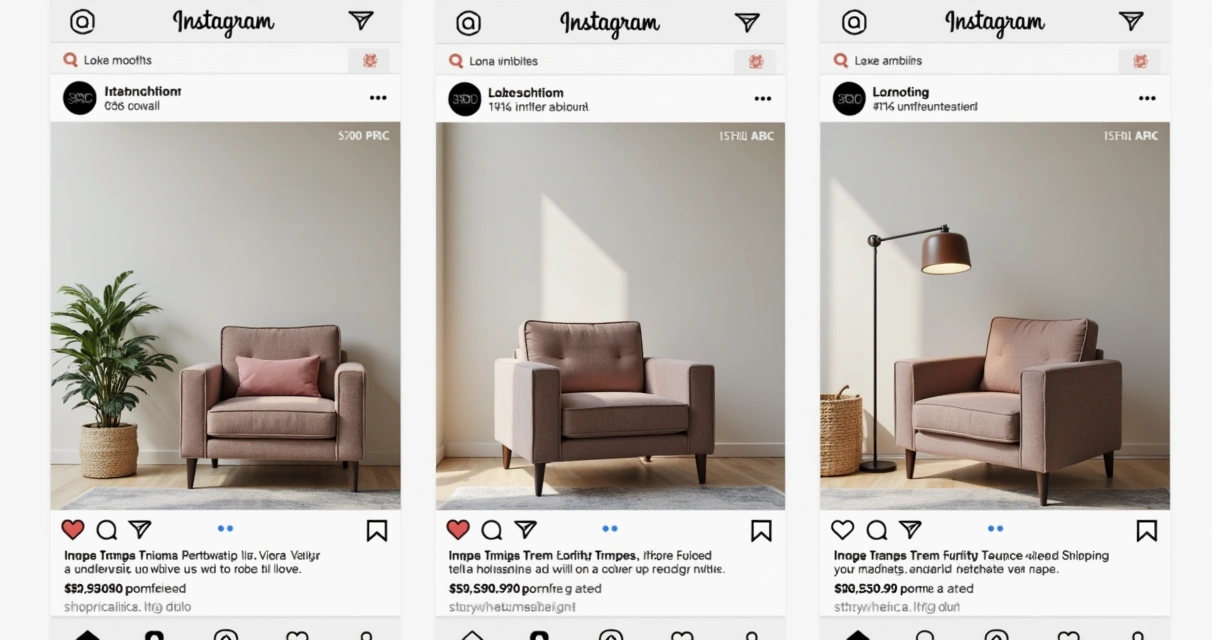 Post de Instagram com etiqueta de venda em móvel e botão de compra 