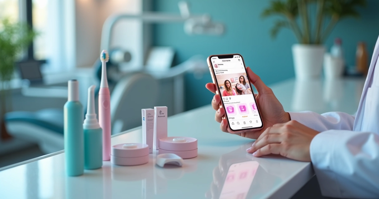 Dentista segurando escova elétrica enquanto configura loja no Instagram no celular 